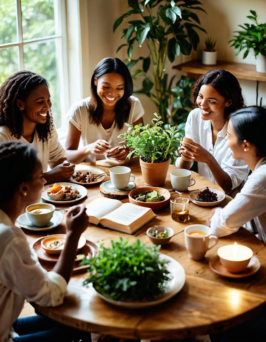 A warm and inviting scene depicting a diverse group of friends gathered around a wooden table, sharing a meal and laughter, surrounded by plants and soft lighting. The atmosphere should radiate joy and connectivity, showcasing their supportive interactions through smiles and gestures. Include elements like open books and cups of tea to emphasize comfort and togetherness. soft focus. vibrant colors. warm tones.