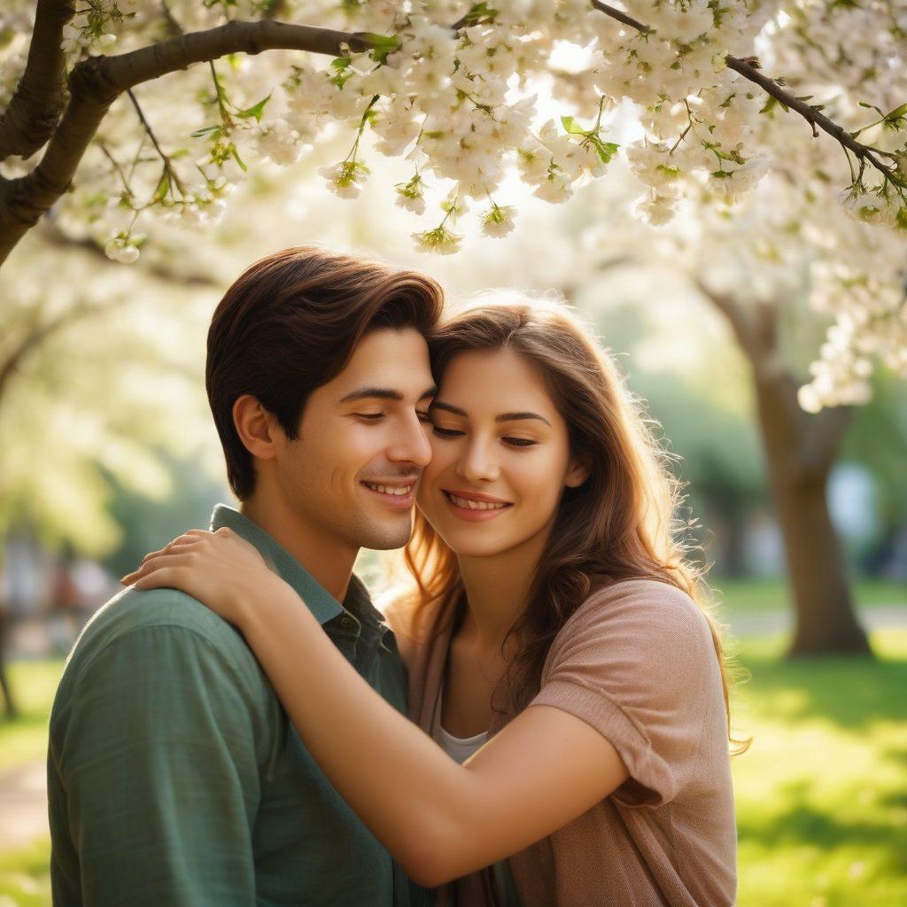A warm and inviting scene depicting two friends embracing each other under a blossoming cherry tree, symbolizing love and friendship. Subtle rays of sunlight filtering through the branches, casting a golden glow on their faces. In the background, a soft-focus of diverse people helping each other, highlighting compassion in action. The color palette should be soft pastels with vibrant greens. super-realistic. vibrant colors.
