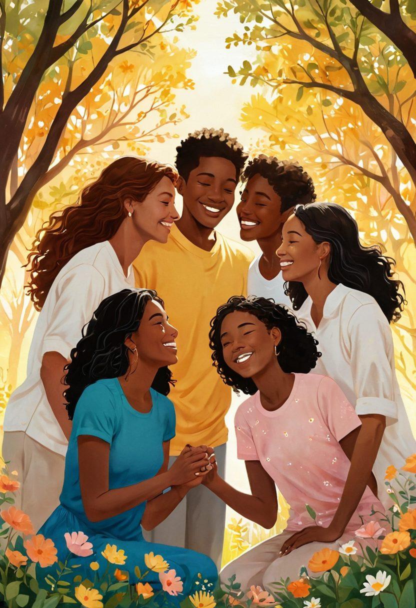 A warm illustration depicting a diverse group of friends sharing a heartfelt moment, surrounded by soft, blooming flowers symbolizing compassion. Include gentle sunlight streaming through the trees, casting a golden glow on their smiles. Add small hearts floating around to represent emotional bonds. Artistic style: vibrant colors. painting.